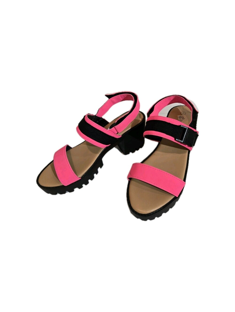 womens Sandals Sz 8 Neon Pink W/ Car Seat Buckle Detail Lug Soles Barbi Core